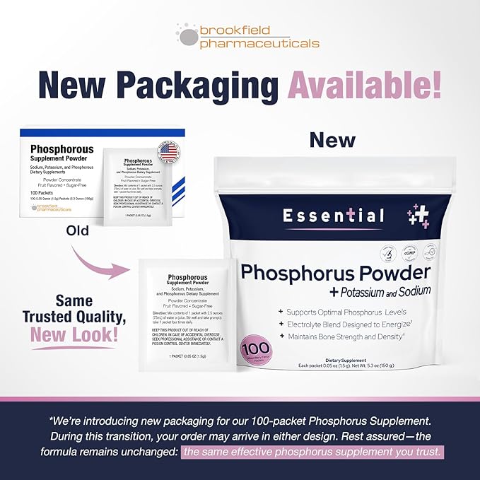 Phosphorus Supplements 100 Packets, Dietary Supplements Powder with Sodium Phosphate and Potassium Phosphate, Fruit Flavored Phosphorous Supplement Powder for Electrolyte, Bone Health & Kidney Health