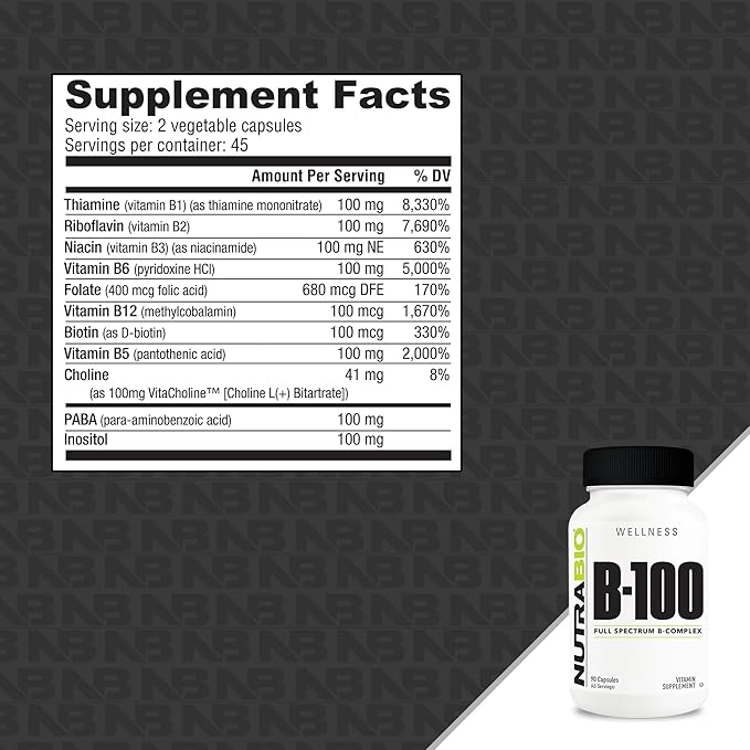 NutraBio B-100, B Vitamin Complex, Immune System Support, Healthy Hair, Skin, Nails, 90 Vegetable Capsules