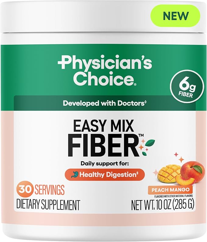 Physician's CHOICE Easy Mix Fiber for Digestive Health & Regularity - No Grit - Daily Prebiotic Soluble Fiber Powder Supplement for Women and Men - Peach Mango - 30 Servings