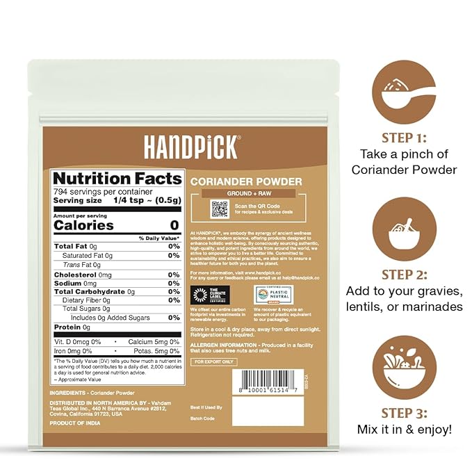 HANDPICK Coriander Powder (14oz) 100% Natural Ground Coriander | Premium Quality and High Value | Non-GMO, Gluten Free, Sourced from India | No Adulterations | Packed in Resealable Ziplock Pouch