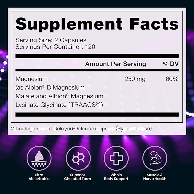 Pure TheraPro Rx Optimum Magnesium Lysinate Glycinate & Di-Magnesium Malate, Made in USA | 4 Month Supply | Chelated for Maximum Absorption, Supports Bone Health & Energy, 240 Count