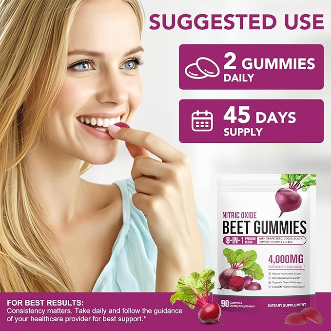 Beet Root Gummies,90 Heart Health Chews for Blood Pressure Support Supplements,Red Beets Supplements with Beetroot, Grape Seed, Coq10,B Vitamins,90 Beet Chews
