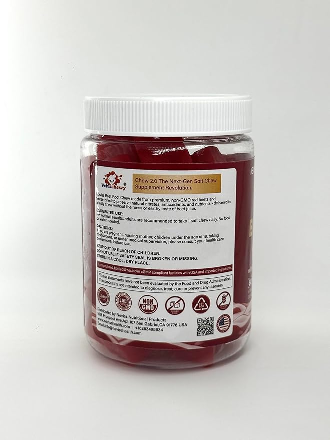 NEVISS Beet Héāŗt Chews 1500mg, Nitric Oxide and Blood Préssũre Support, 5 in 1 Beets Supplements w/Grape Seed, L-Citrulline, Vitamin B6 & B12 for Energy & Circulation Support, 60 Chews, Sugar-Free