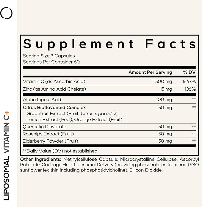 Codeage Liposomal Vitamin C 1500mg with Zinc, Elderberry, Citrus Bioflavonoids Grapefruit, Lemon, Orange Powder, Quercetin & Rose Hips Fruit – Vegan Supplement - Non-GMO, Vegan Pills, 180 Capsules