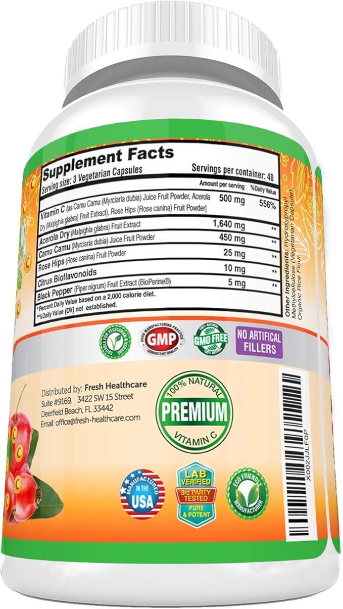 Fresh Healthcare Whole Food Vitamin C 500mg - Natural Supplement from Rose Hips, Acerola Cherry & Camu Camu - with Citrus Bioflavonoids for Immune Support - 120 Vegan Capsules