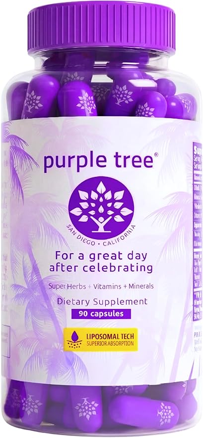 purple tree Post-Celebration Wellness Supplement | Liposomal Dihydromyricetin (DHM), L-Glutathione, Milk Thistle for Liver Support & Hydration | Electrolytes, B Vitamins, Willow Bark | 90 Pills