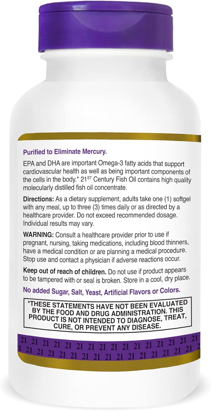 21st Century Fish Oil 1000 mg Softgels, (300 Count), Molecularly Distilled, Omega 3 Supplement with EPA & DHA, Purified to Eliminate Mercury, Supports Cardiovascular Health, Gluten Free & Non-GMO