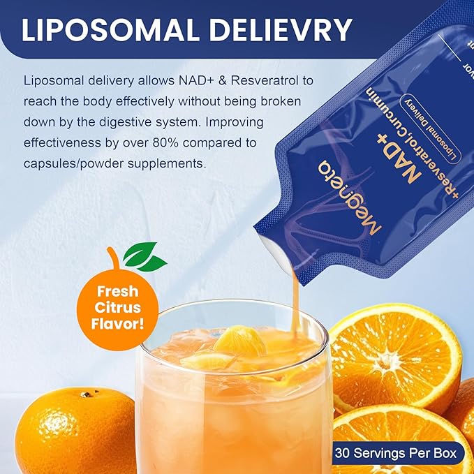 Liposomal NAD+ Supplement with Resveratrol, Anti-Aging, Energy Boost & Cellular Health Support, 15.2 fl. oz NAD Liquid for Men & Women (30 Pouch)