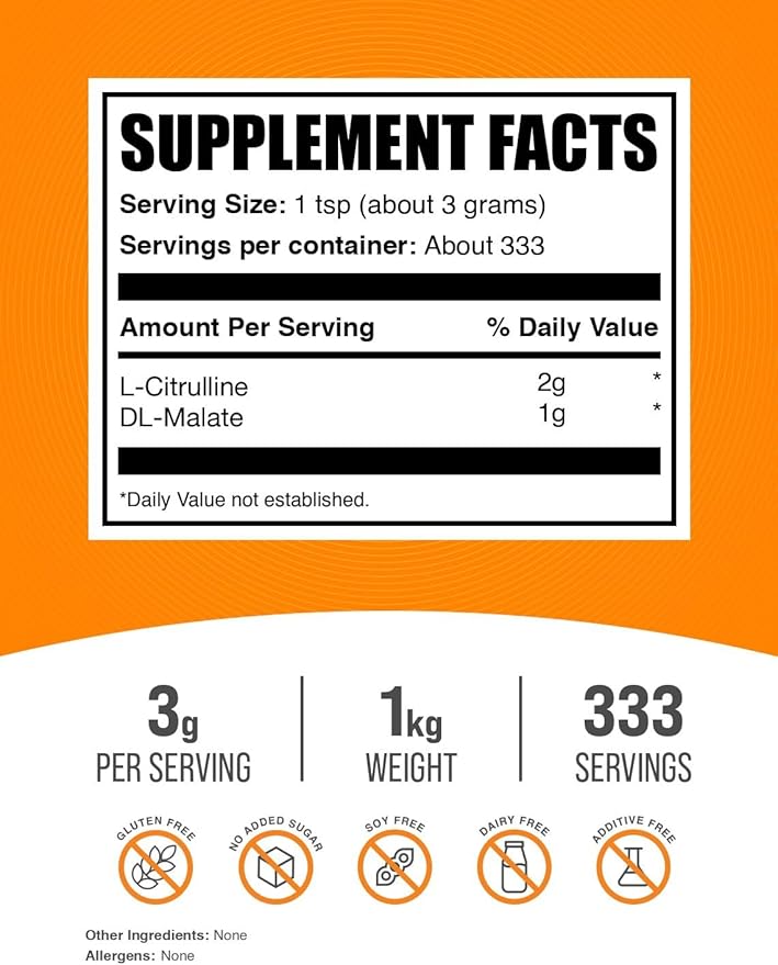 BulkSupplements.com L-Citrulline Malate 2:1 Powder - Nitric Oxide Boost, Citrulline Malate Supplement - Unflavored & Gluten Free - 3g per Servings, 1kg (2.2 lbs) (Pack of 1)