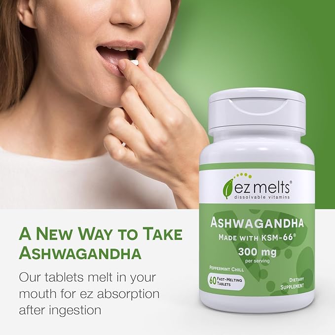 EZ Melts Dissolvable KSM-66 Ashwagandha, 300 mg, Sugar-Free, Stress, Sleep and Mood Support Supplement, 30-Day Supply, Peppermint Chill-Flavor - 2 Pack