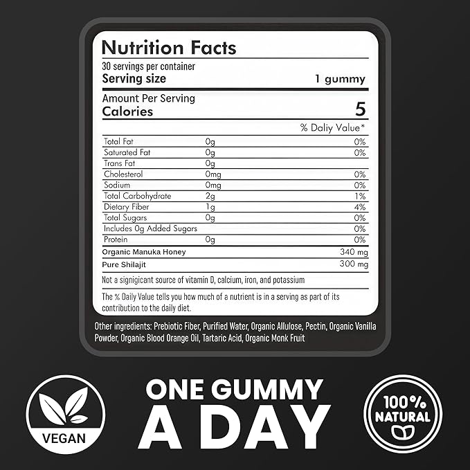 Cured Shilajit Gummies for Men with 85+ Trace Minerals, Fulvic & Humic Acid | Natural Energy, Stamina & Endurance Support | Organic Manuka Honey, Zero Sugar Daily Wellness Supplement
