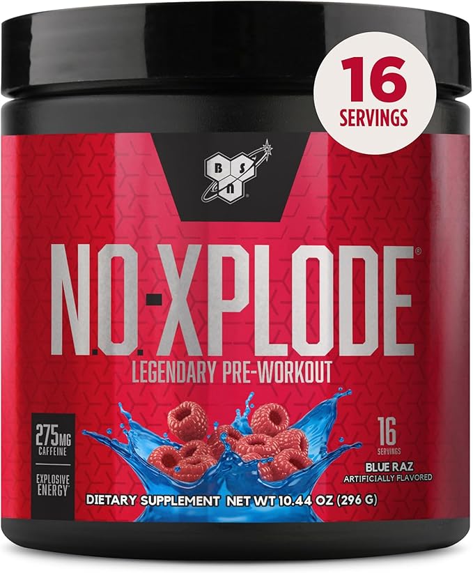 BSN N.O.-XPLODE Pre Workout Powder, Energy Supplement for Men and Women with Creatine and Beta-Alanine, Blue Raz, 16 Servings, 0.65 Pound
