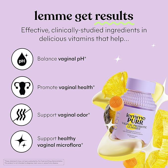 Lemme Purr Vaginal Probiotic Gummies for Women - Balanced pH, Healthy Odor, Yeast Balance & Flora Support + Vitamin C for Immune Health - Tasty Pineapple (60 Count)