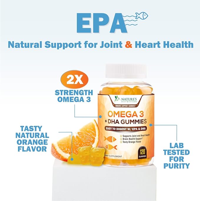 Omega 3 Fish Oil Gummies - Heart Healthy Omega 3 Gummy Supplement with High Absorption DHA & EPA, Extra Strength Joint & Brain Support, Delicious Orange Flavor Fish Oil Nature's Vitamin - 120 Gummies