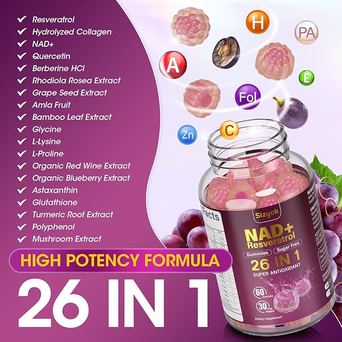 NAD Resveratrol Gummies, NAD Supplements for Women with Hydrolyzed Collagen, Grape Seed, and D-Biotin Support Antioxidant Action, Anti-Aging, Cell Regeneration & Energy, Sugar-Free, 60 Gummies