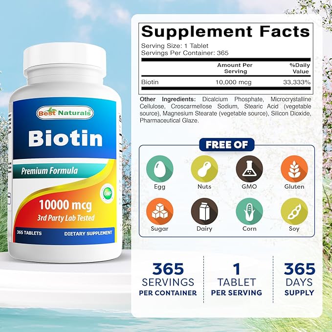 Best Naturals Biotin (Also Called Vitamin B7), 10,000 mcg Tablets (365 Count (Pack of 3))