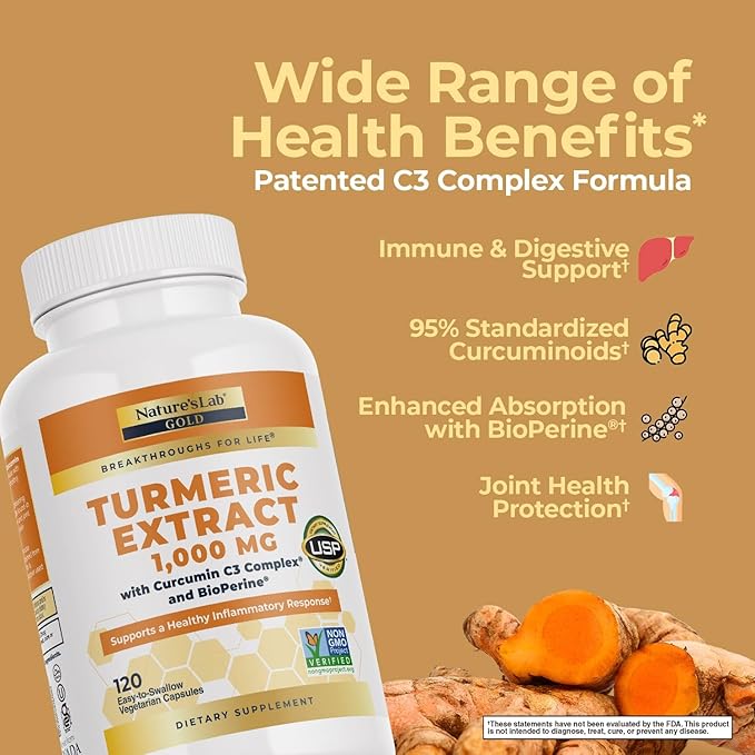 Nature's Lab Turmeric Curcumin C3 Complex 1000mg - Turmeric Extract 1000mg & BioPerine 5mg Standardized to 95%, Promotes Cardiovascular, Immune, Joint, Skin Health - 120 Capsules (60 Day Supply)