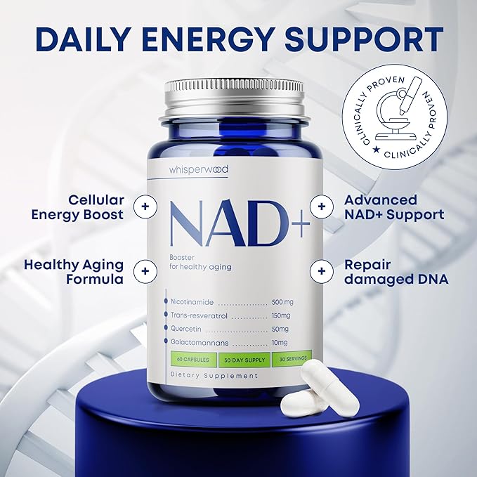 NAD+ Supplement with Nicotinamide Riboside, Trans Resveratrol & Quercetin – NAD Plus Complex for Energy, Brain & Mitochondrial Support – Antioxidant and Longevity Formula for Women & Men – 60 capsules