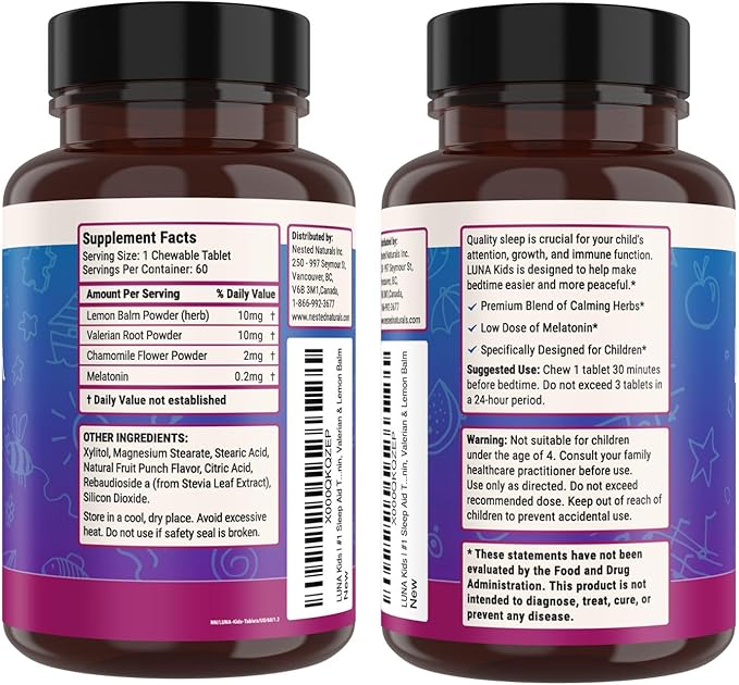 Nested Naturals Luna Kids Sugar-Free Sleep Aid Tablets for Children 4+ - Naturally Sourced Ingredients - Herbal Sleep Supplement with Chamomile, Melatonin, Valerian & Lemon Balm - 120 Chewable Tablets