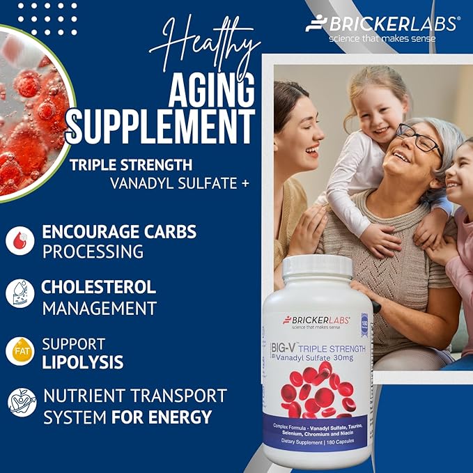 Bricker Labs Big-V Triple Strength Vanadyl Supplement: Vanadyl Sulfate 30 mg, Taurine 600 mg, Selenium, Chromium and Niacin, Blended Mineral Supplement, 180 Capsules (180 Servings)