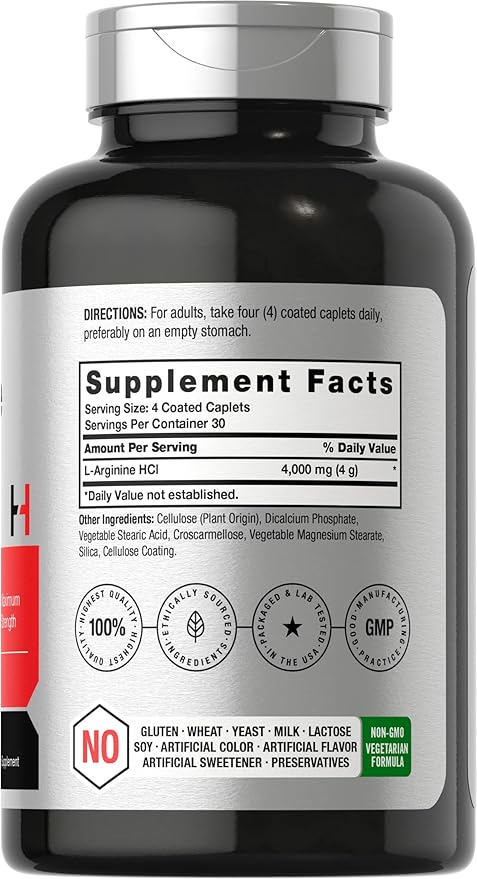 Horbäach L-Arginine 4000mg| 120 Caplets | for Men and Women | Maximum Strength Nitric Oxide Precursor | Vegetarian, Non-GMO, Gluten Free Supplement