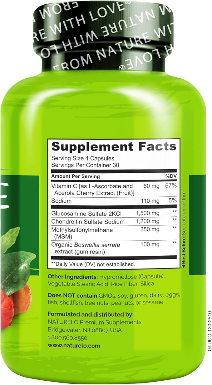 NATURELO Glucosamine Chondroitin MSM with Boswellia and Vitamin C - Supplement for Joint Comfort, Mobility, and Strength - 120 Capsules