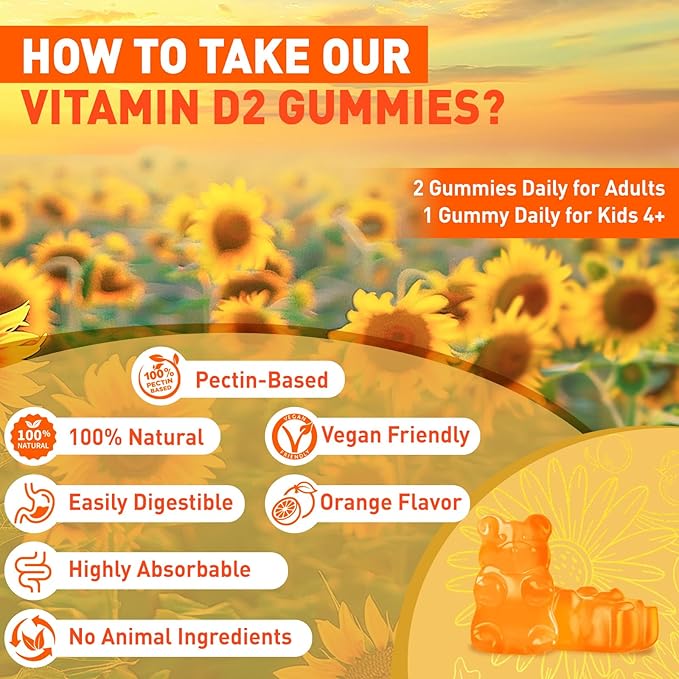 duwhot Vitamin D2 Gummies 2000 IU, Plant-Based Vitamin D Supplement from Whole Mushroom, for Bone, Muscle & Immune Support, Daily Sunshine Supply, Vegan, Non-GMO, Orange, 60 Chews