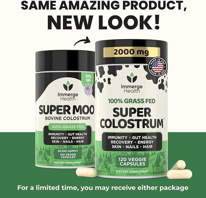 Immerge Health Super Colostrum Capsules - 120 Count High IgG Bovine Supplement for Gut Health, Hair Growth, Bloating & Immunity - 100% Grass Fed First Milking, Tasteless & Travel Friendly, USA Made