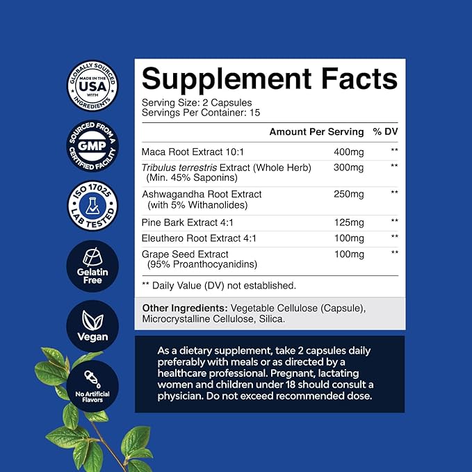 Potent Black Maca Root Capsules for Men - Herbal Wellness Supplement with Siberian Ginseng Ashwagandha and Black Maca Root - Men’s Wellness Supplement to Support General Health - 30 Count