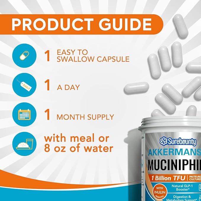 Akkermansia Probiotic GLP-1, 1 Billion TFU, Akkermansia Muciniphila with Prebiotic Inulin, for Men & Women, Vegan, Non-GMO, 30 Caps