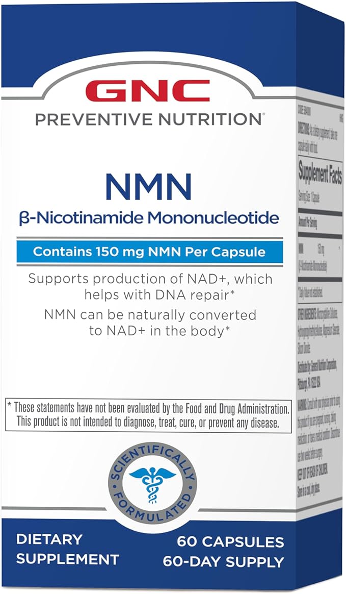 GNC Preventive Nutrition NMN, 150 mg, NAD+ Booster Supplement for Cellular Energy & DNA Repair, Anti-Aging Support, 60 Capsules, Gluten Free, 60 Servings