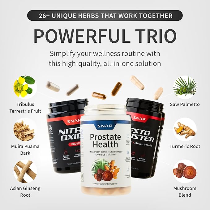 Snap Supplements Big Boy Bundle, Includes Prostate Health with Saw Palmetto for Men, Testo Booster for Men & Nitric Oxide Booster, 90 Capsules Each