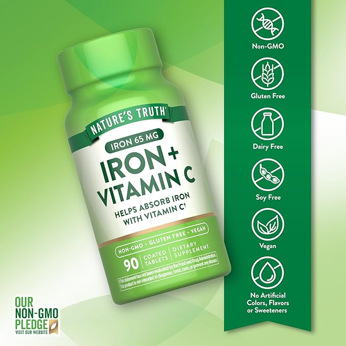 Nature's Truth Iron Plus Vitamin C Tablets | 65mg of Iron | 90 Count | High Potency | Vegan, Non-GMO & Gluten Free Supplement