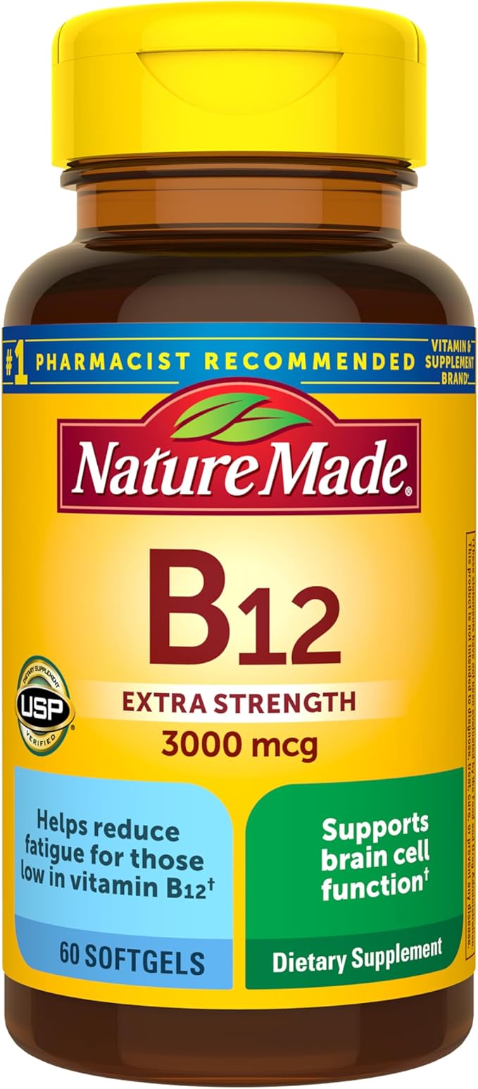 Nature Made Vitamin B12 Extra Strength 3000 mcg, B12 Vitamin Supplement for Energy Metabolism Support, 60 Softgels, 60 Day Supply