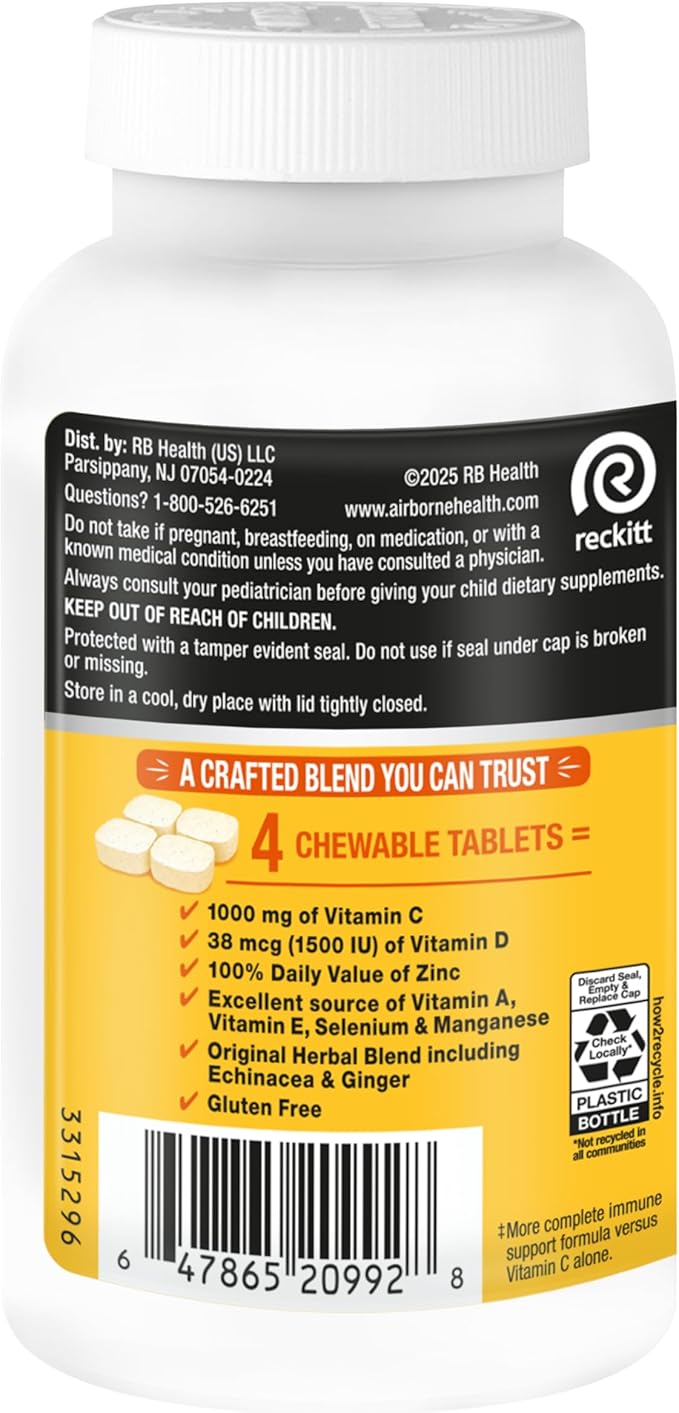 Airborne 1000mg Vitamin C + Zinc Immune Support Supplement Chewable Tablets, Citrus Flavor with Powerful Antioxidants Vitamins A C & E, 116 Chewable Tablets (2 Pack)