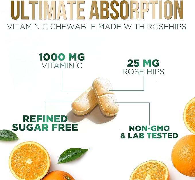Vitamin C 1000mg Per Serving Chewable - Extra Strength Antioxidants for Powerful Immune Support w/Vitamin C & Rose HIPS, Potent Dietary VIT C Chews Supplement, Natural Orange Flavor, 120 Tablets