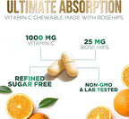 Vitamin C 1000mg Per Serving Chewable - Extra Strength Antioxidants for Powerful Immune Support w/Vitamin C & Rose HIPS, Potent Dietary VIT C Chews Supplement, Natural Orange Flavor, 120 Tablets