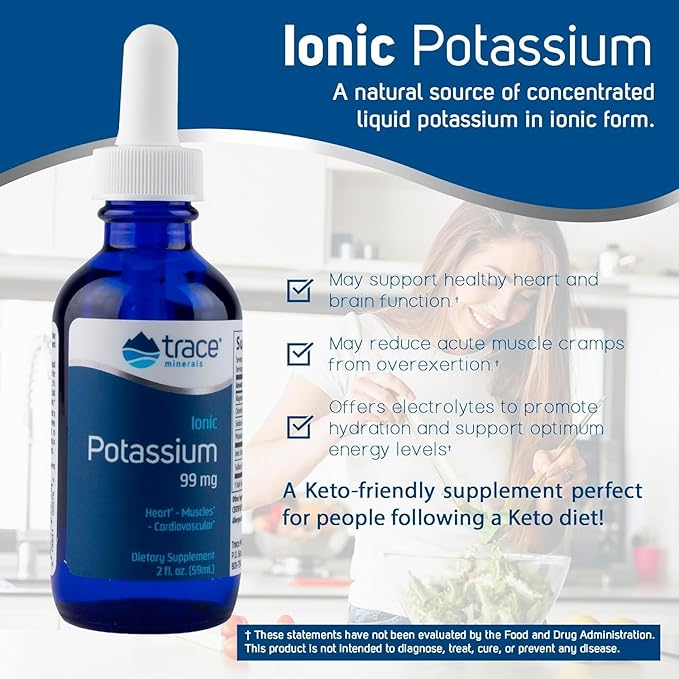 Trace Minerals Ionic Potassium - Liquid Potassium Supplement for Healthy Brain & Muscle Function - Nerve Support - Easy Absorption - Vegan - Non-GMO - Unflavored - 2 fl oz (32 Servings)