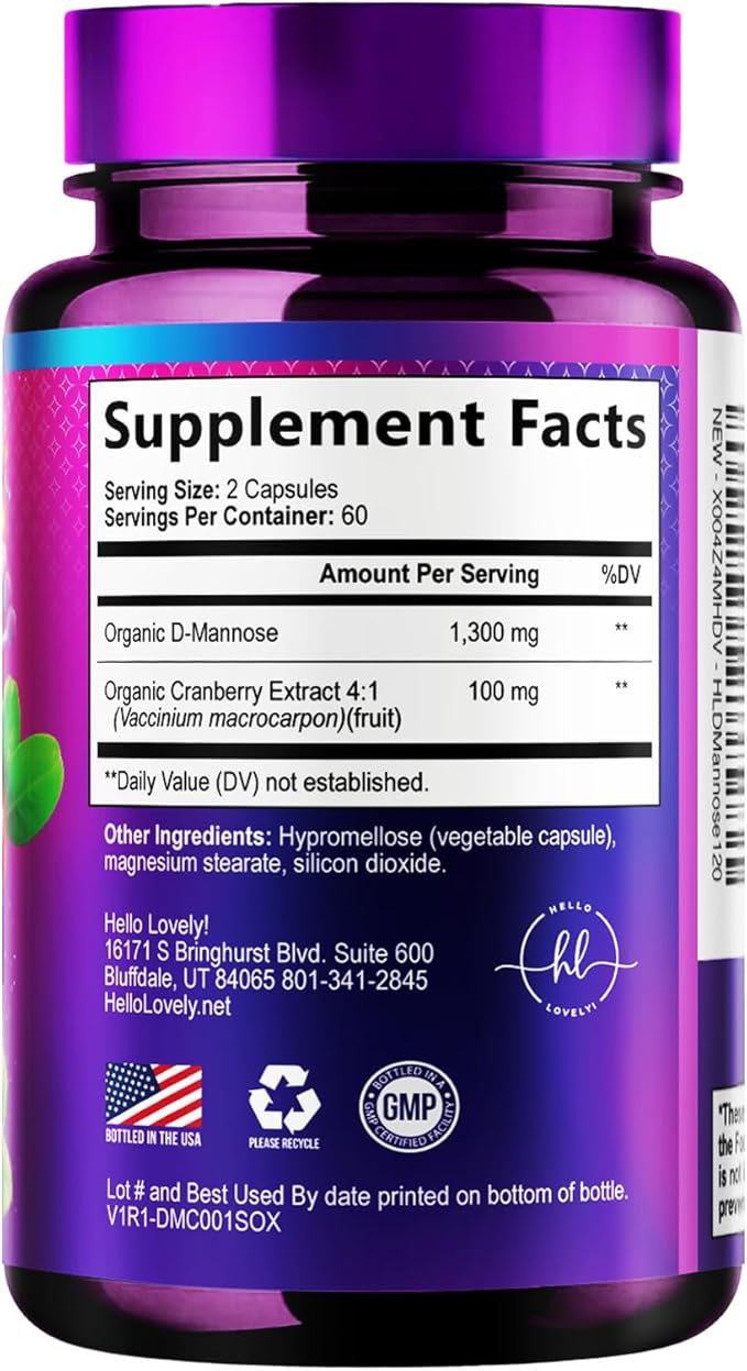 Organic D Mannose 1300mg per Serving Supplements - Extra Strength D-Mannose Capsules with Cranberry - for Natural Gentle Cleansing & Urinary Tract Health Support - Bottled in USA - 120 Capsules