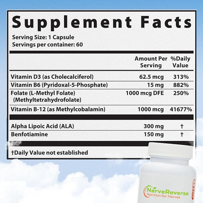 NerveReverse Neuropathy Support Formula-Alpha Lipoic Acid 600mg,Extra Strength Benfotiamine, B12, B9, B6, and D3 - Nerve, Energy, and Metabolism Support-Vegan-60 Capsules,One Month