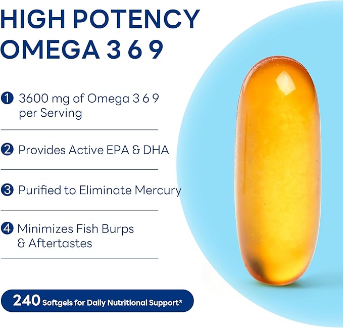 Vitamin World Triple Omega 3-6-9 3600mg with Fish, Flaxseed & Borage Seed Oils, Omega-3 Fatty Acids with EPA & DHA, Supports Heart, Brain & Immune Health, Gluten Free, 240 Softgels