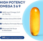 Vitamin World Triple Omega 3-6-9 3600mg with Fish, Flaxseed & Borage Seed Oils, Omega-3 Fatty Acids with EPA & DHA, Supports Heart, Brain & Immune Health, Gluten Free, 240 Softgels