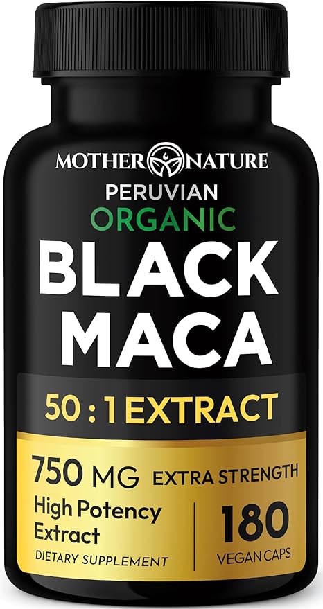 Black Maca Root 50:1 750mg – 180 Capsules Organic Peruvian Maca Peruana Supplement for Men | High Potency Energy, Mood & Performance Support | Vegan, Non-GMO