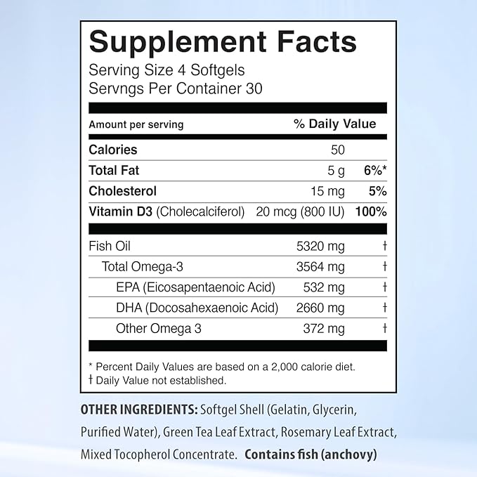 5X Ultimate Strength Omega 3 Fish Oil Supplements with High DHA and EPA Omega 3 Fatty Acids, Fish Oil Supplement with Vitamin D and No Fishy Aftertaste, 120 Softgels