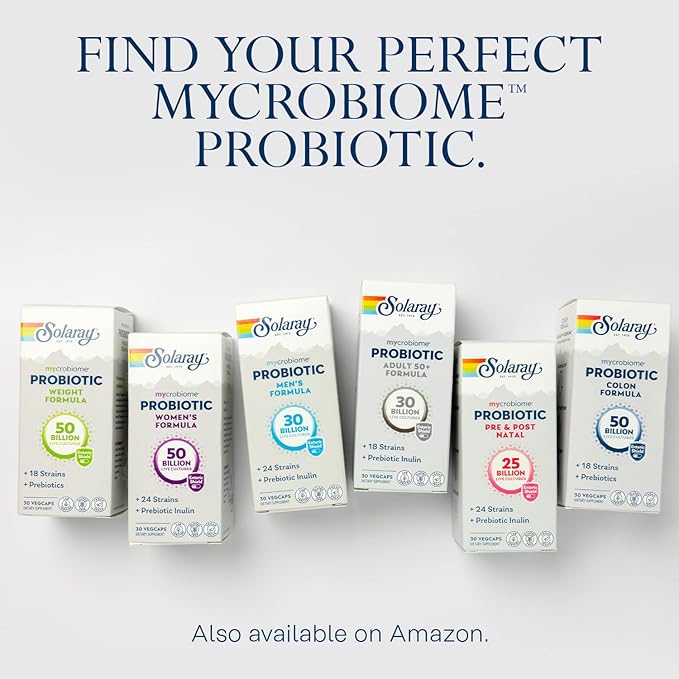 SOLARAY Mycrobiome Probiotic Colon Formula, Vegan, Digestive Function, Colon Health, and Immune System Support, 50 Billion CFU, 18 Strains, Prebiotic Inulin, 60-Day Guarantee, 30 Servings, 30 VegCaps