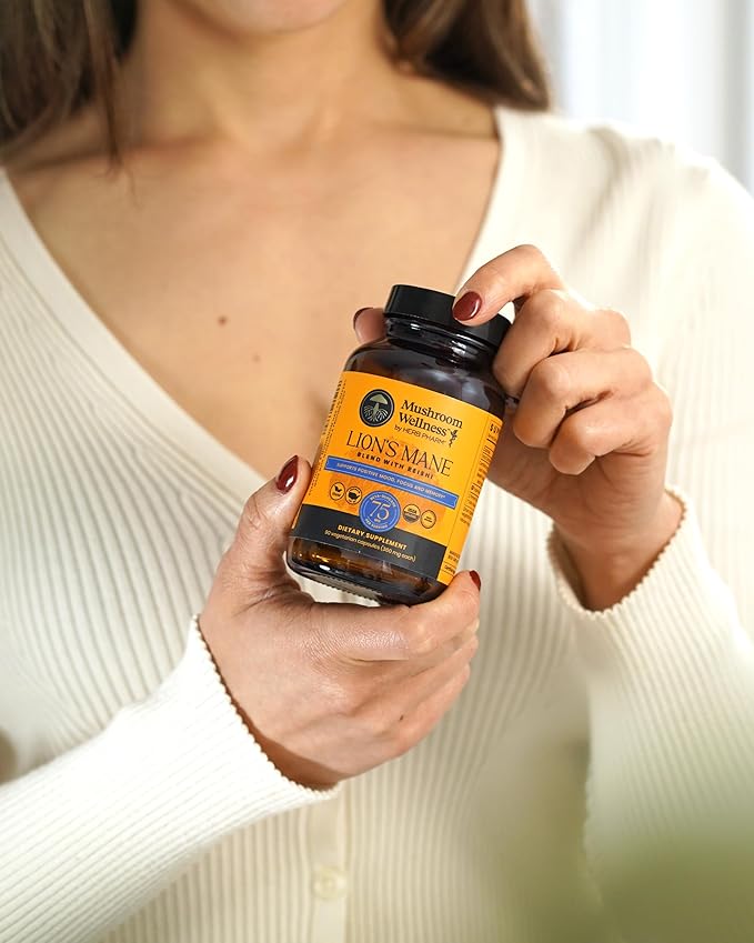 Mushroom Wellness Lion’s Mane Blend with Reishi: Organic Lion's Mane & Reishi Mushroom Capsules, Mushroom Powder Supplement, Supports Cognitive Health, Memory, and Mental Focus, 90 Vegan Capsules