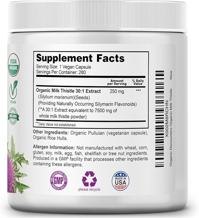 USDA Organic Milk Thistle 30:1 Extract Capsules, 280 Vegan Capsules, Rich in Silymarin Flavonoids, Liver Cleanse and Liver Detox Support, Standardized 30X Extract, Made in the USA