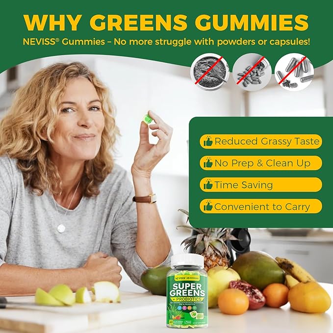 2 PACK Organic Super Greens Daily Superfood Gummies + Probiotics, Spirulina, Chlorella Spinach Broccoli, Prebiotic Fiber, Mushroom -Rich in Vitamins & Antioxidants - Digestive, Focus, Energy, No Sugar