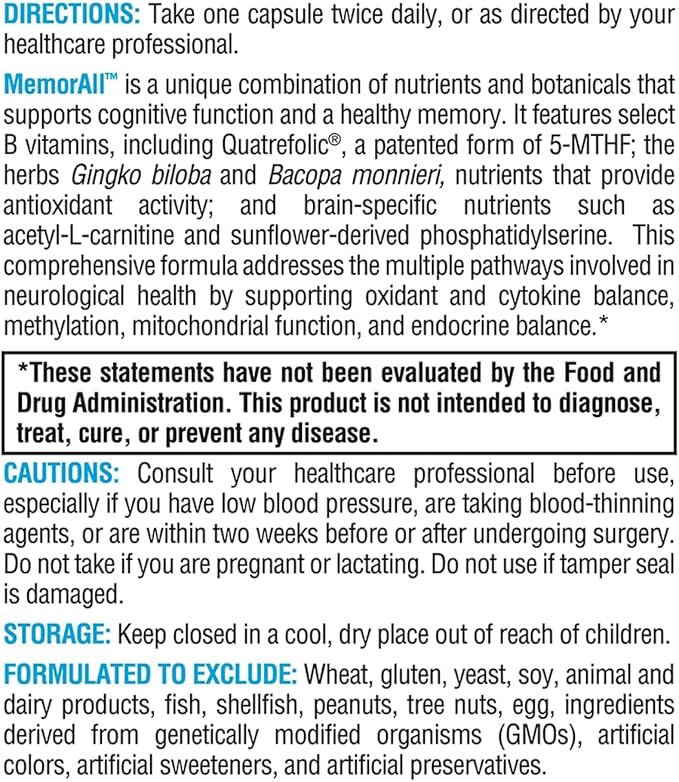 XYMOGEN MemorAll - Brain Support Supplement - Vitamins + Botanicals That Support Cognitive Function and Healthy Memory - Folate, Ginkgo, NAC, Phosphatidylserine, B12, B6, Huperzine A (60 Capsules)