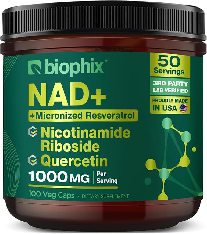 biophix NAD+ Liposomal Supplement for Women & Men - 1000 mg per Serving - Nicotinamide Riboside, Micronized Resveratrol & Quercetin Complex - 100 Veg Capsules - Non-GMO, Gluten-Free, cGMP Certified